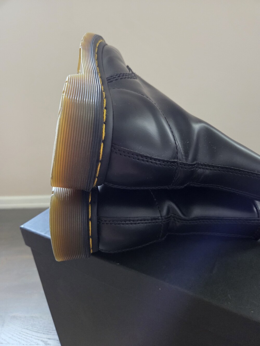 Dr. Martens Black Leather Lace-Up Combat Boots with Yellow Stitching - Picture 7 of 13